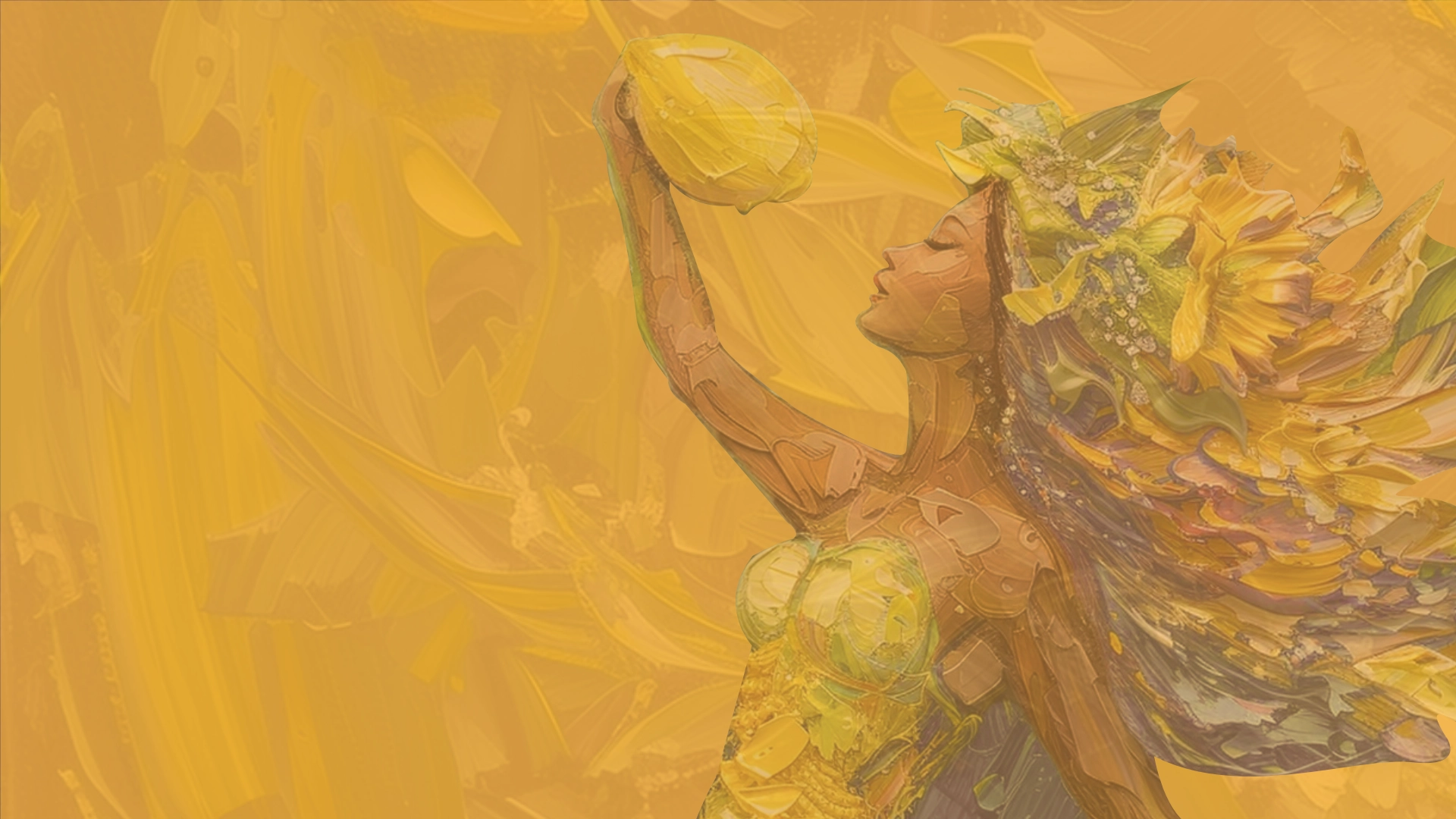 Abstract painting of a woman with flowing hair adorned with flowers, holding a yellow object up with one arm against a warm yellow background.