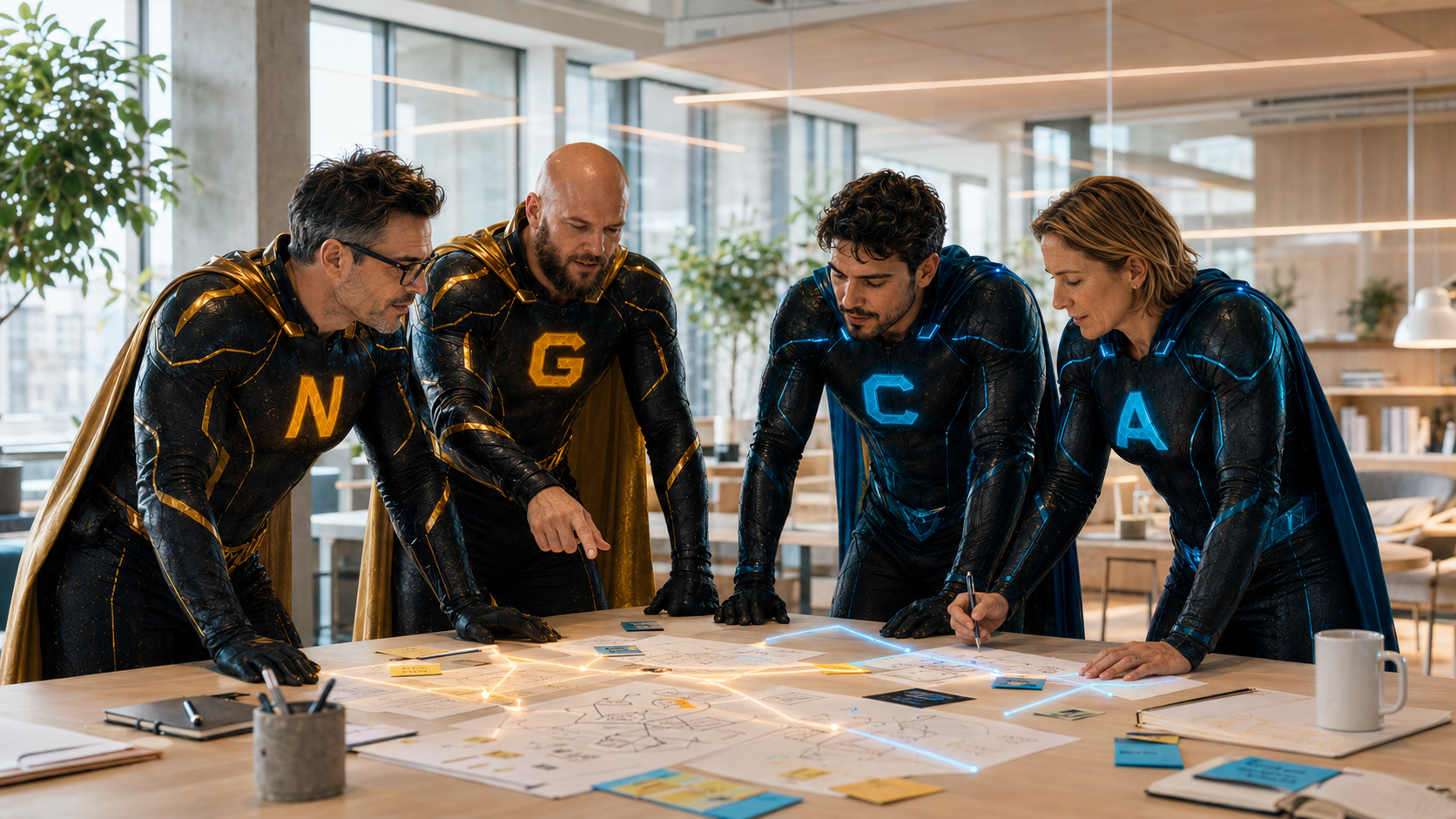 The four Hi + AI specialists collaborating in a contemporary office.