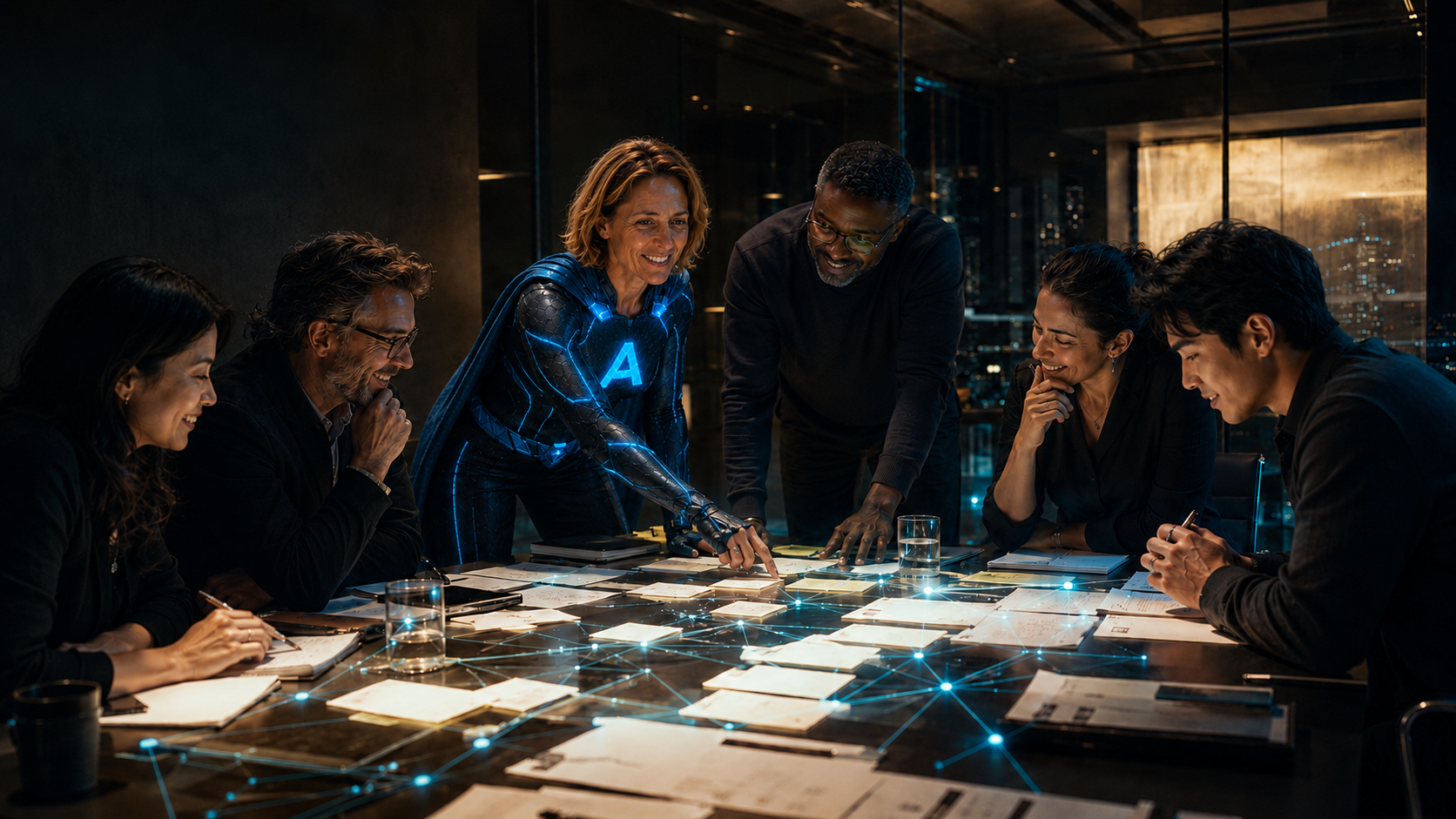 The A superhero working with five collaborators around an interactive project table