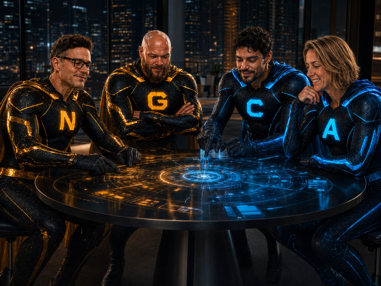 The four Hi + AI superheroes collaborating together around an interactive table