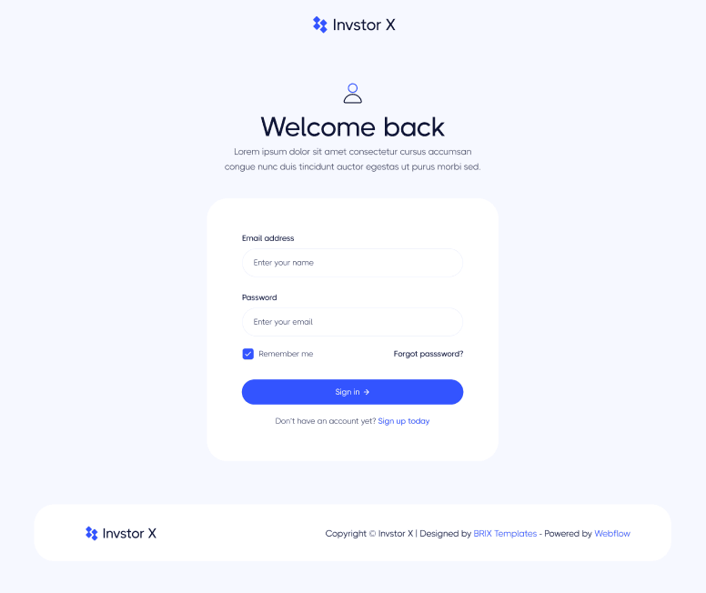 Invstor X - Sign In Utility Page - Investment Firm Webflow Template