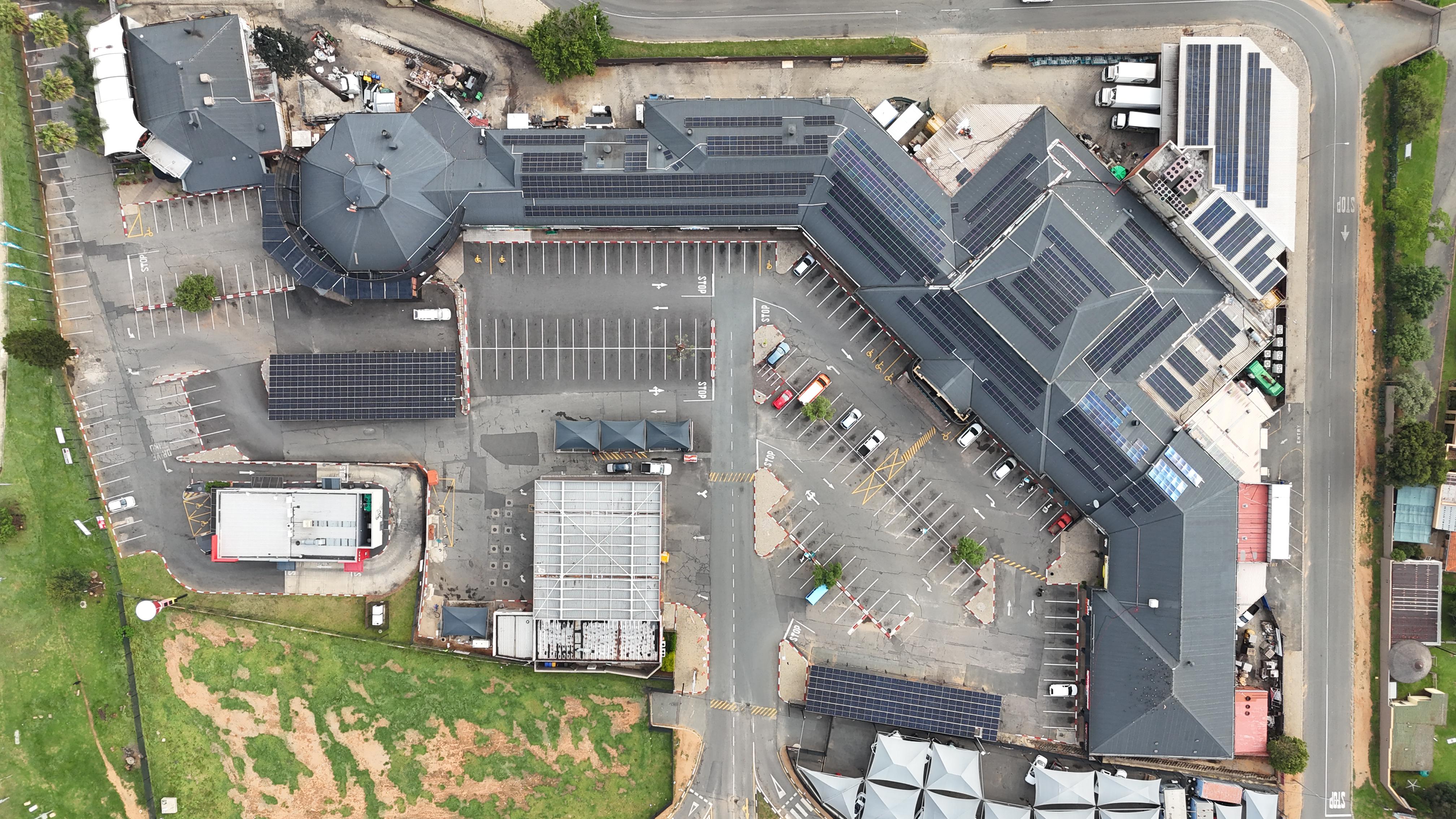 Aerial view of rooftop and carport solar at Rock Cottage Centre, Roodepoort