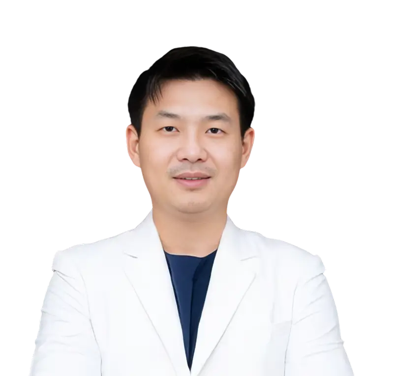 Asian doctor in a white doctor coat.