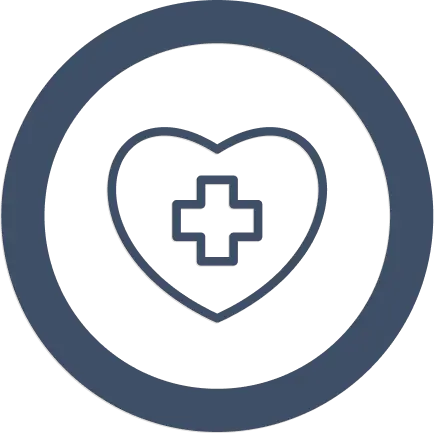 Heart shape with a medical cross symbol inside, enclosed in a circular border representing health or medical care.