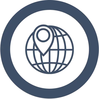 Icon of a globe with a location pin inside a circular border.