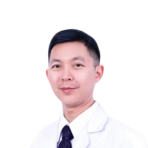 Portrait of a man wearing a white coat and dark tie, smiling slightly against a transparent background.