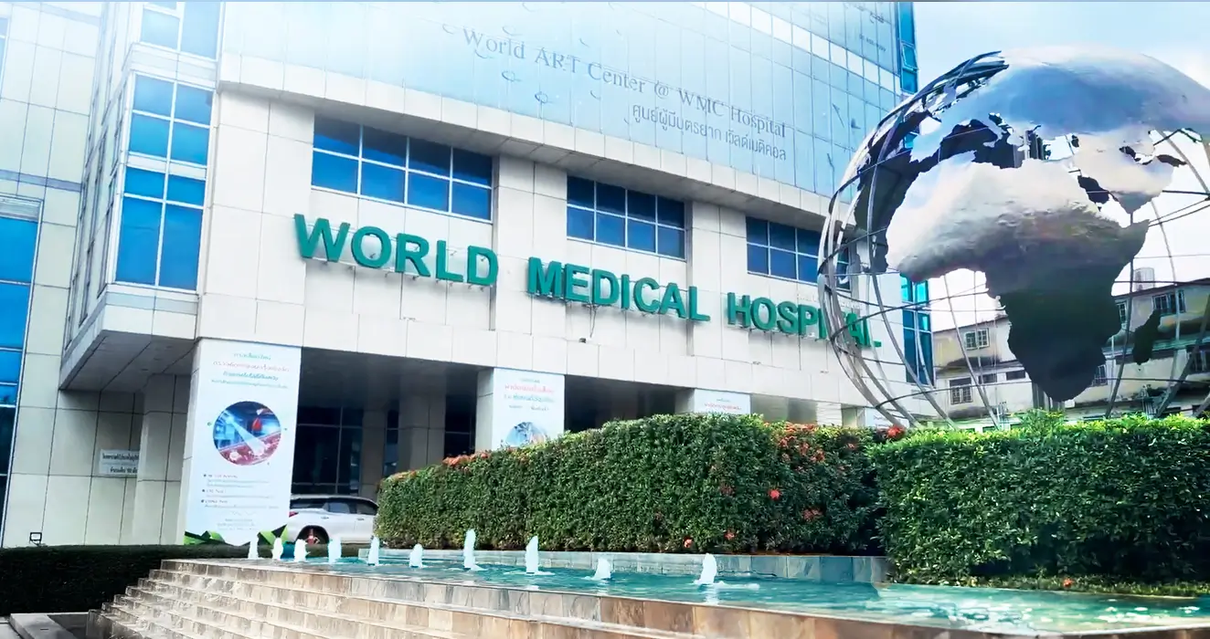 Entrance of World Medical Hospital building with a large metal globe sculpture and a water fountain in front.