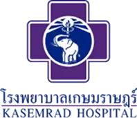 Kasemrad Hospital logo featuring a white elephant inside a blue circle on a purple cross background with Thai and English text below.