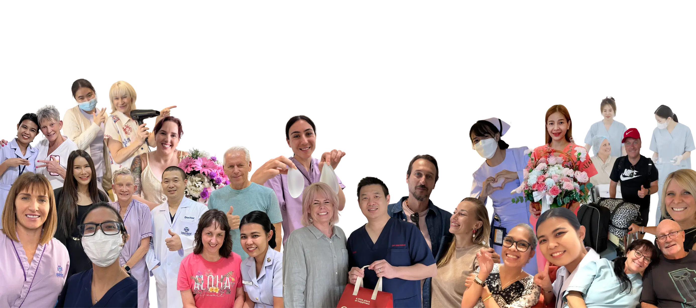 Group of diverse medical professionals, patients, and caregivers smiling together, some holding flowers or medical devices.