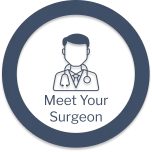 Icon of a male surgeon wearing a medical coat and stethoscope inside a circle with text 'Meet Your Surgeon'.