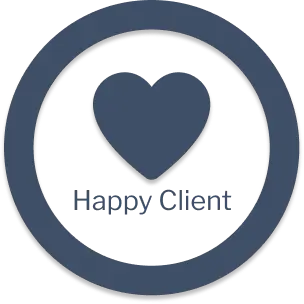 Icon of a heart inside a circle with the text 'Happy client' below it.