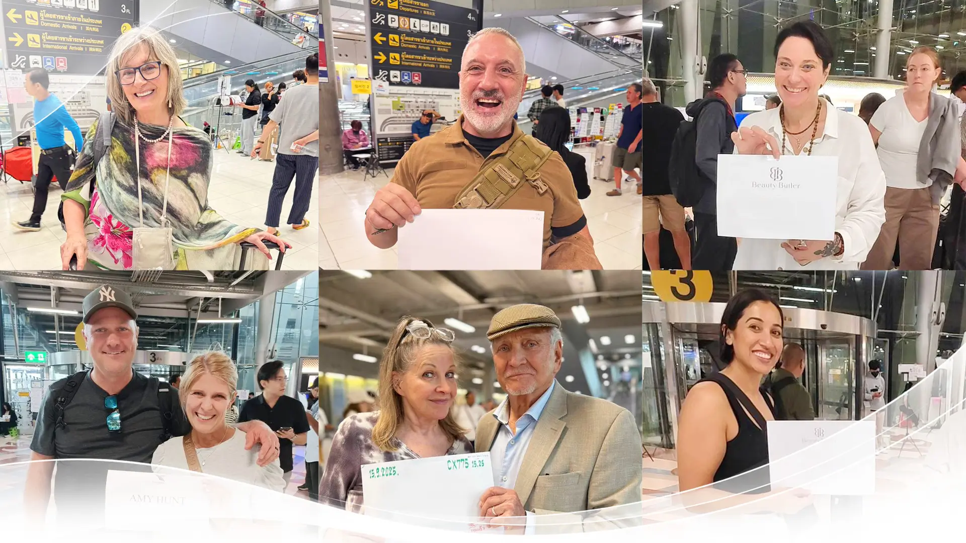 Collage of six happy travelers at an airport holding signs with names and logos.