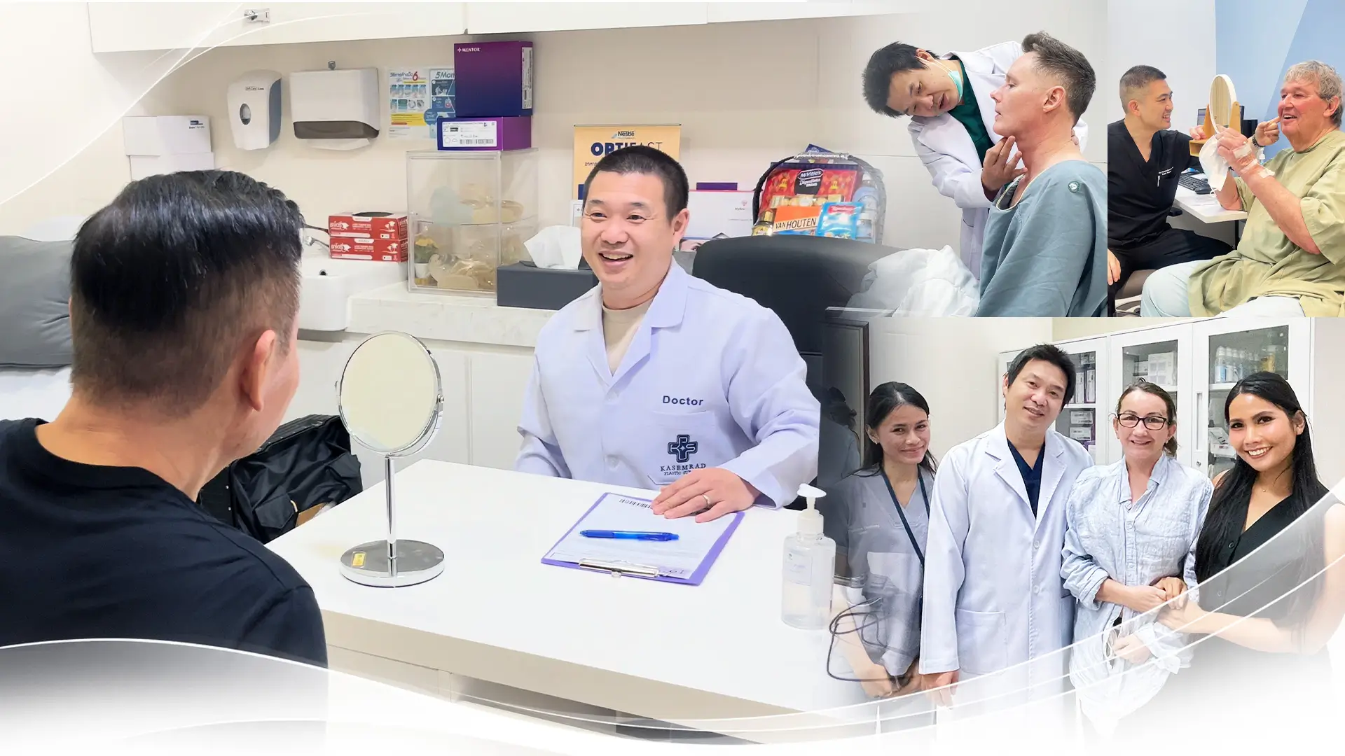 Smiling doctor consulting patient and smaller images of doctors examining patients and posing together.