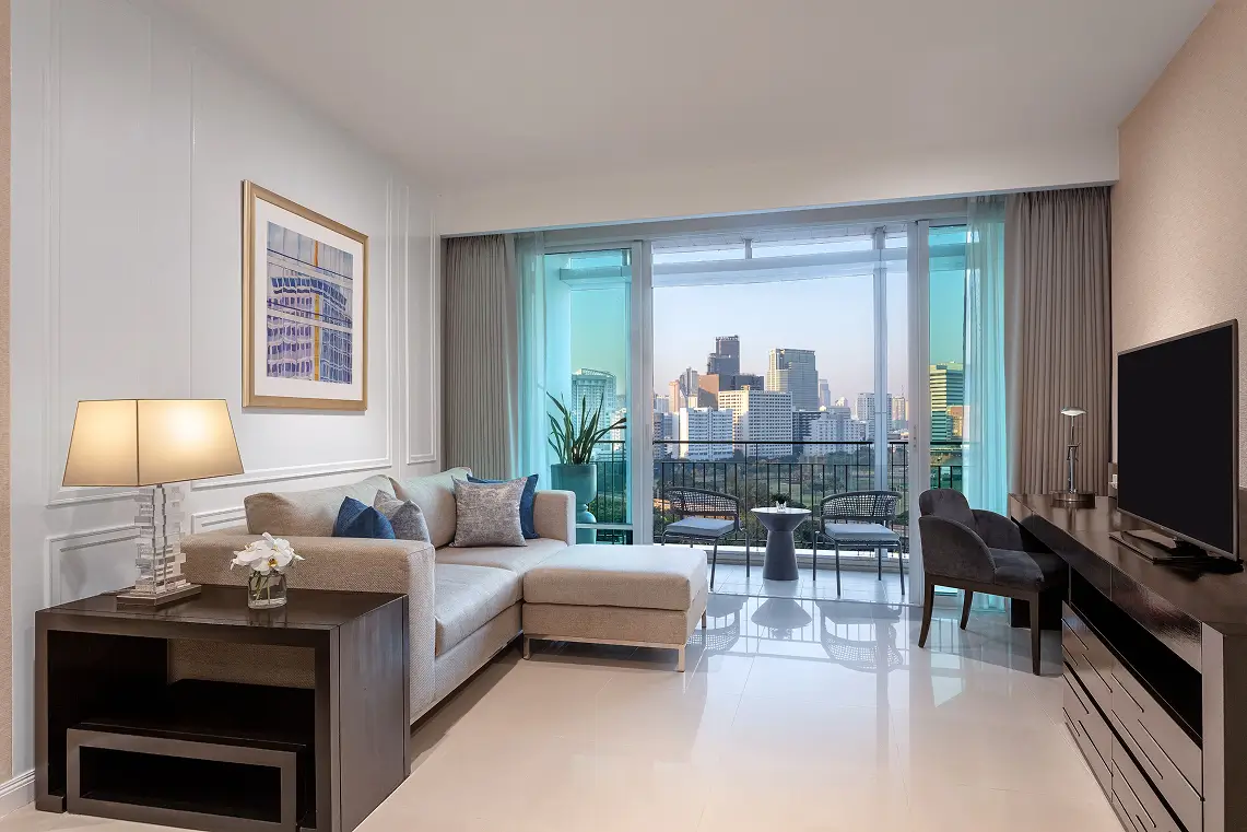 Spacious suite living room at Dusit Suites, Ratchadamri, used for recovery