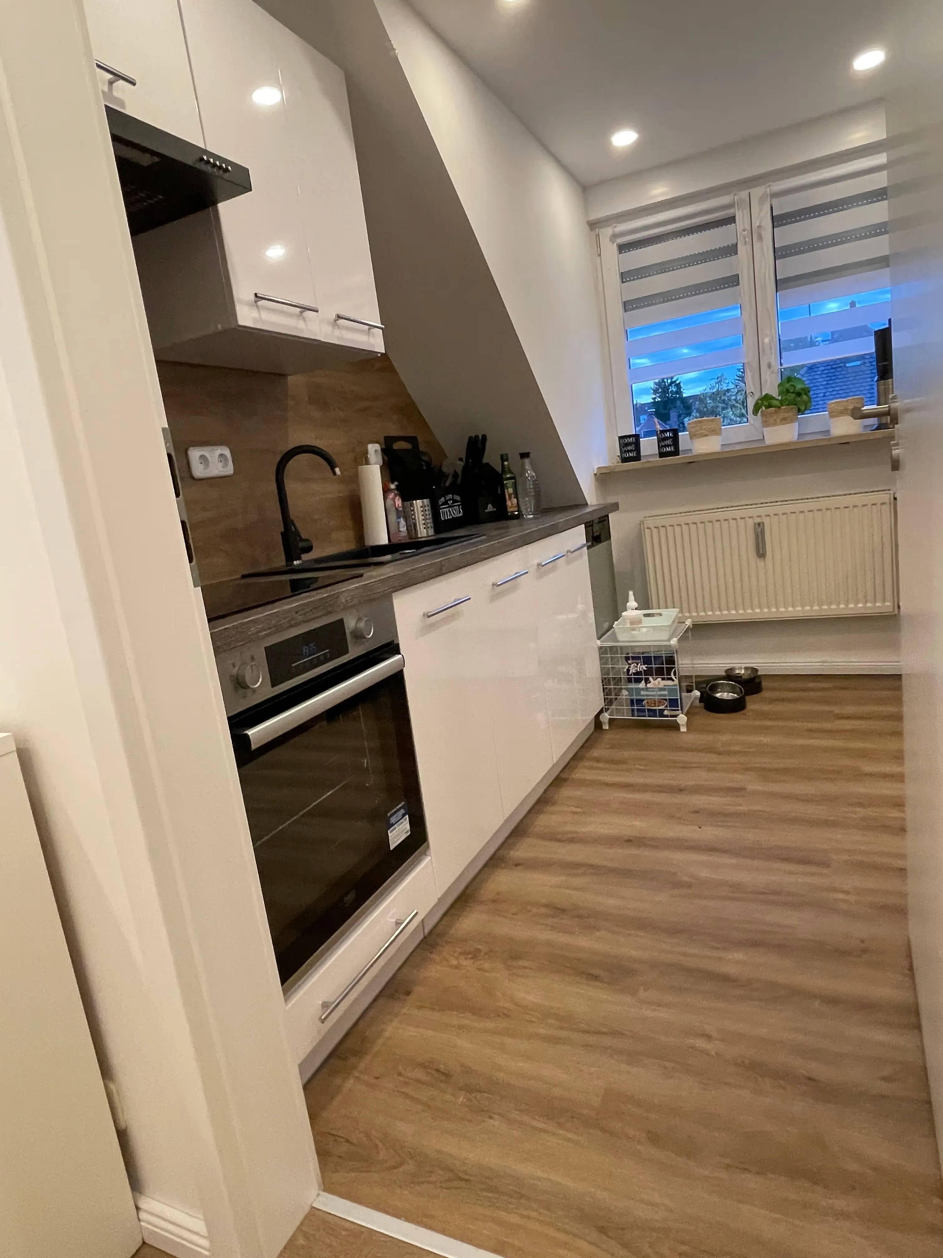 Moderne Küche mit Holzboden, weißen Schränken, Ofen, Spüle, Gewürzen auf der Arbeitsplatte und Fenster mit Pflanzen.