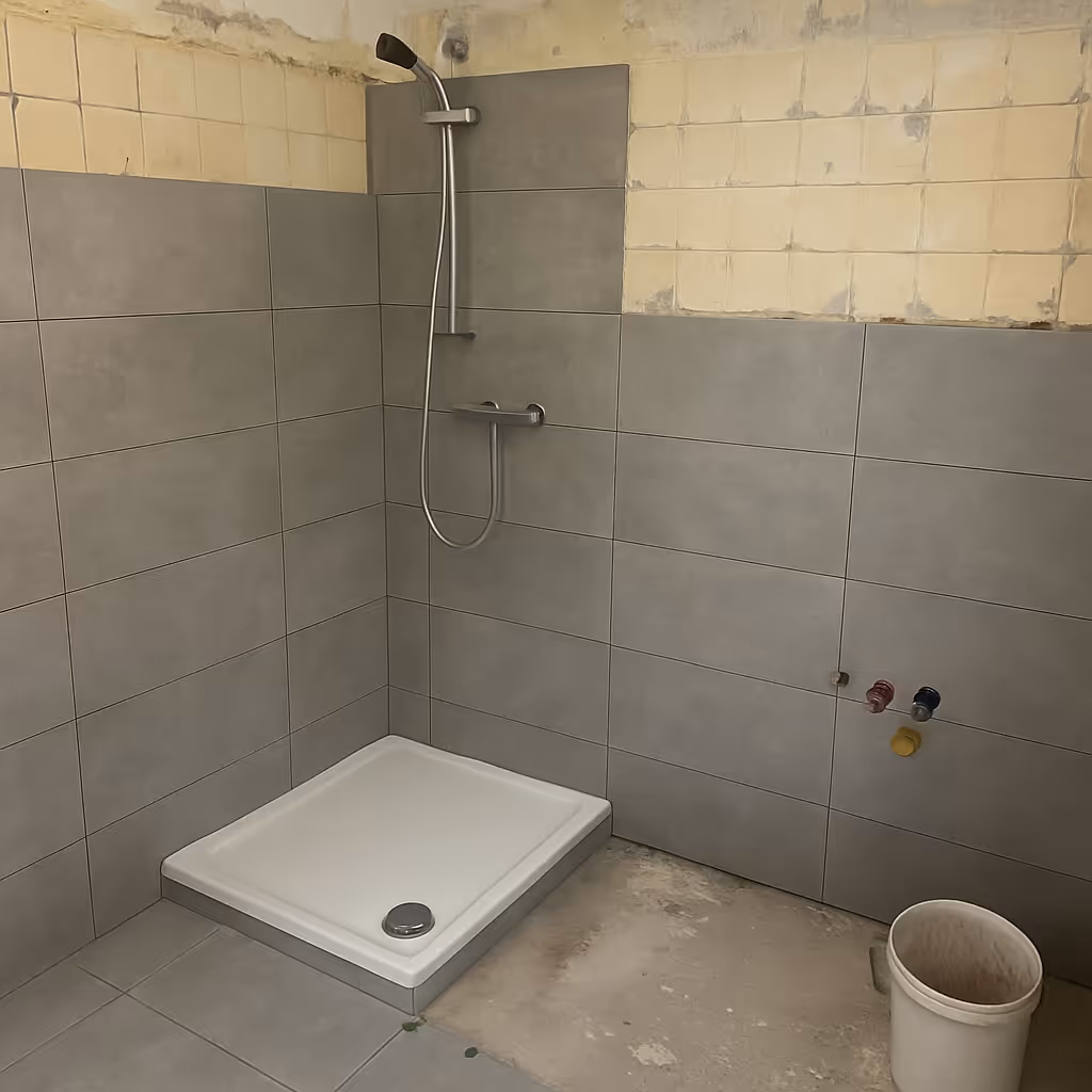 Ein Badezimmer während der Renovierung mit Fokus auf Fliesen und Armaturen