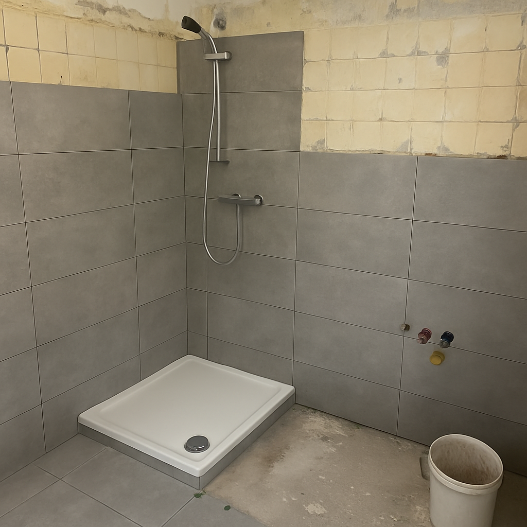 Ein Badezimmer während der Renovierung mit Fokus auf Fliesen und Armaturen
