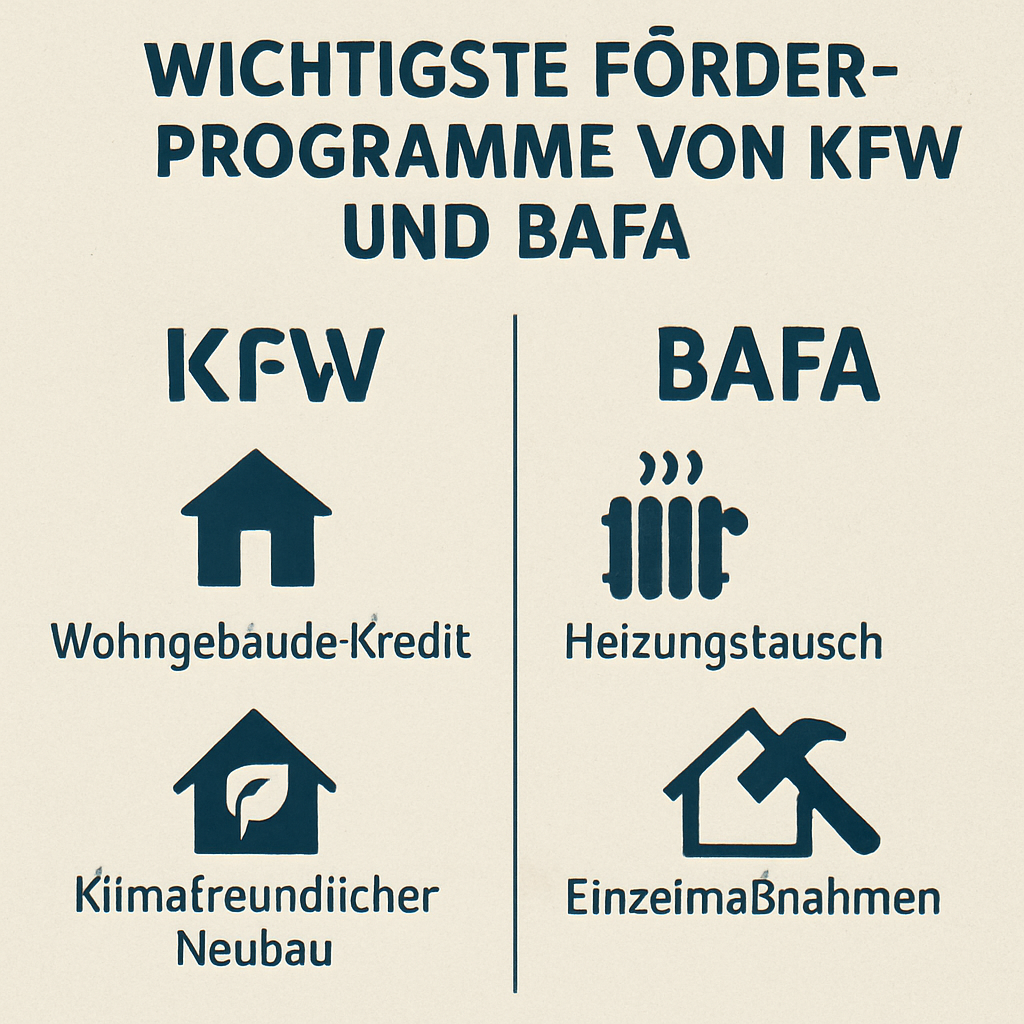Ein Schaubild, das die wichtigsten Förderprogramme von KfW und BAFA illustriert