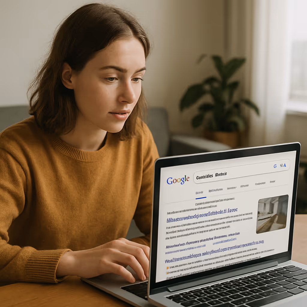 Person, die online nach Badumbau Firmen sucht