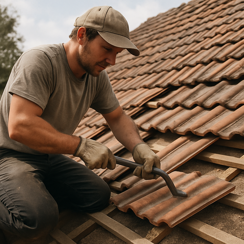 Ein Handwerker bei der Arbeit an einer Dachsanierung