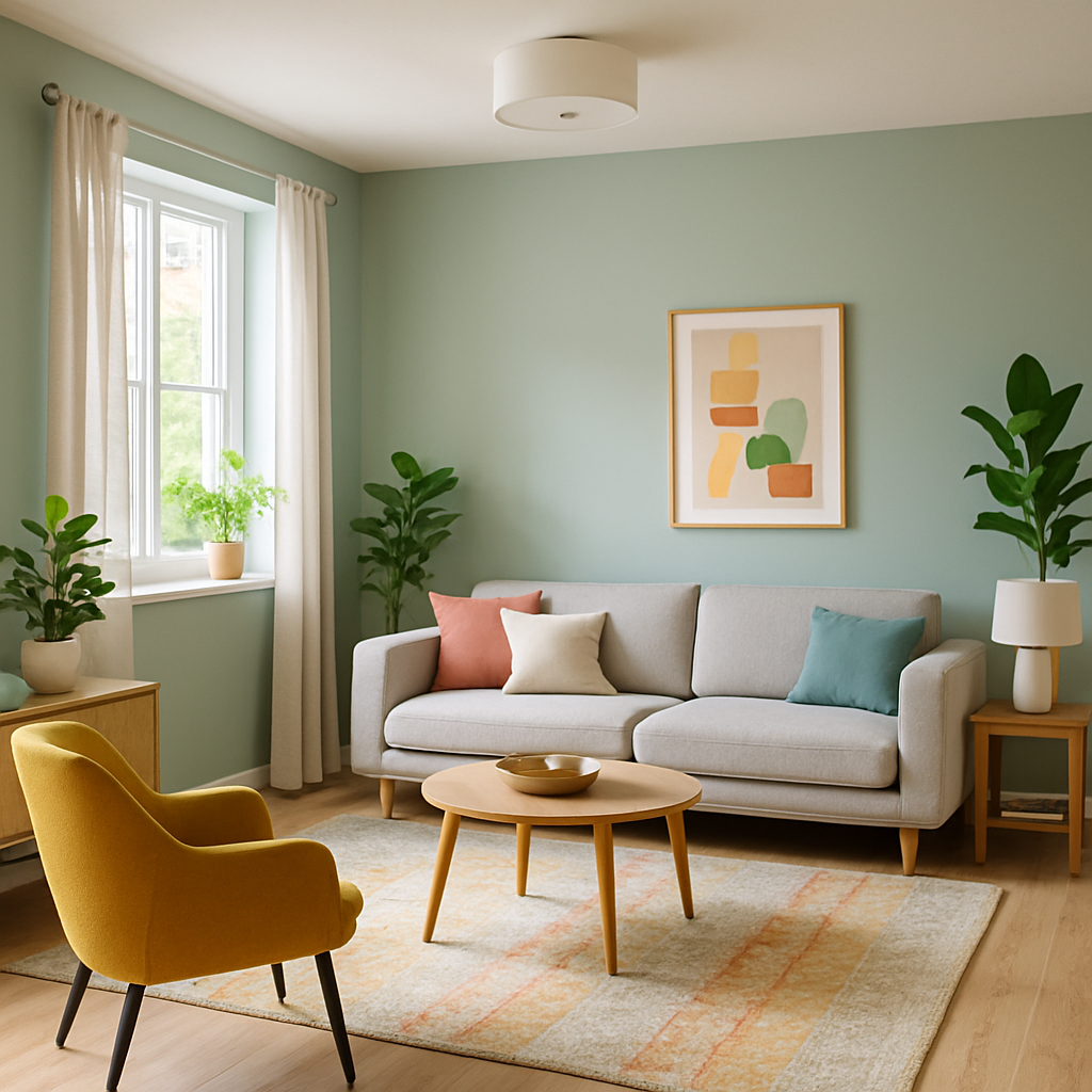 Ein renoviertes Wohnzimmer mit frischen Farben und modernen Möbeln