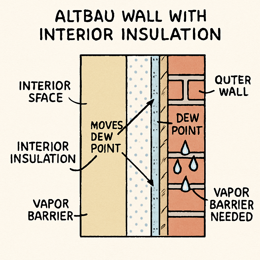 A simple cross-section diagram of an 'Altbau' wall showing how interior insulation moves the dew point and why a vapor barrier is needed to prevent moisture.