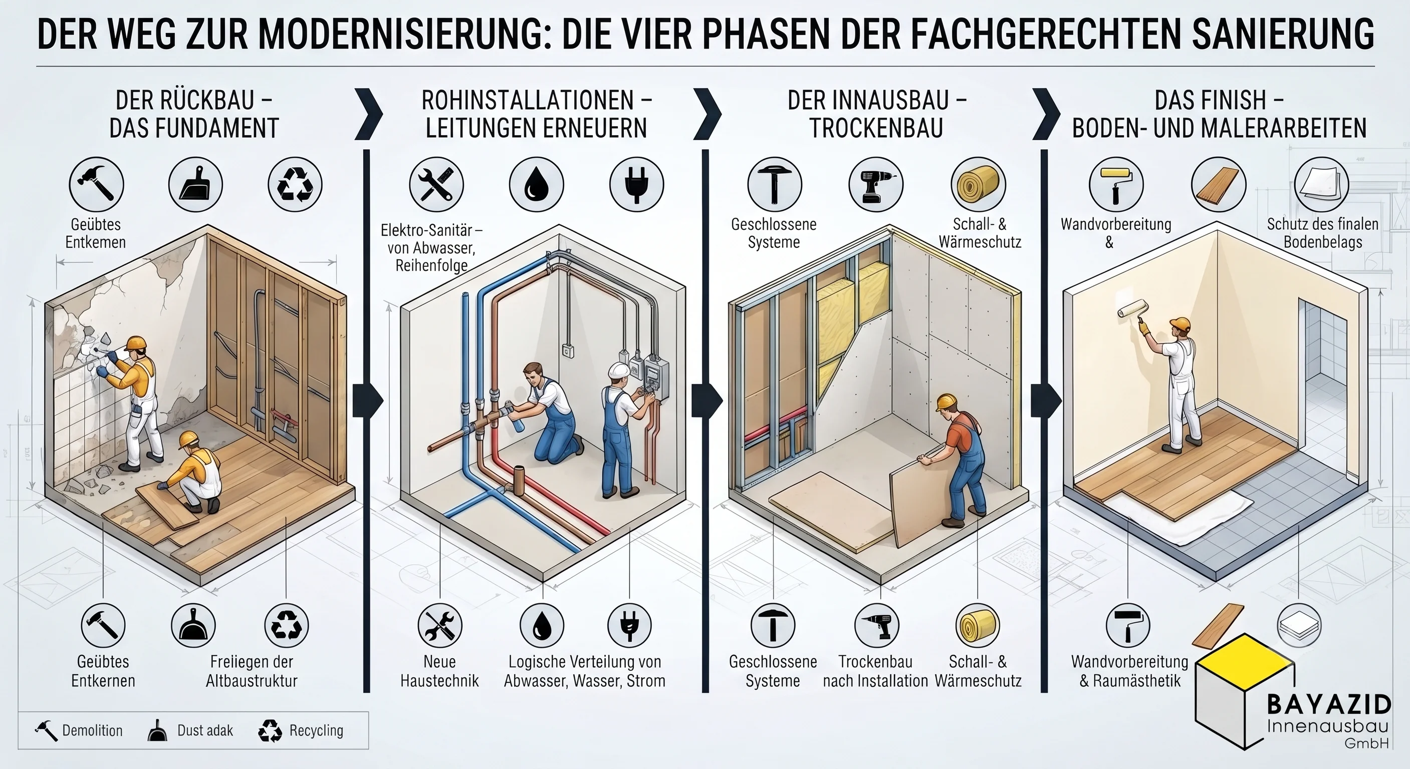 Sanierungsarbeiten Reihenfolge: Warum Rückbau, Leitungen und Ausbau sauber geplant werden müssen