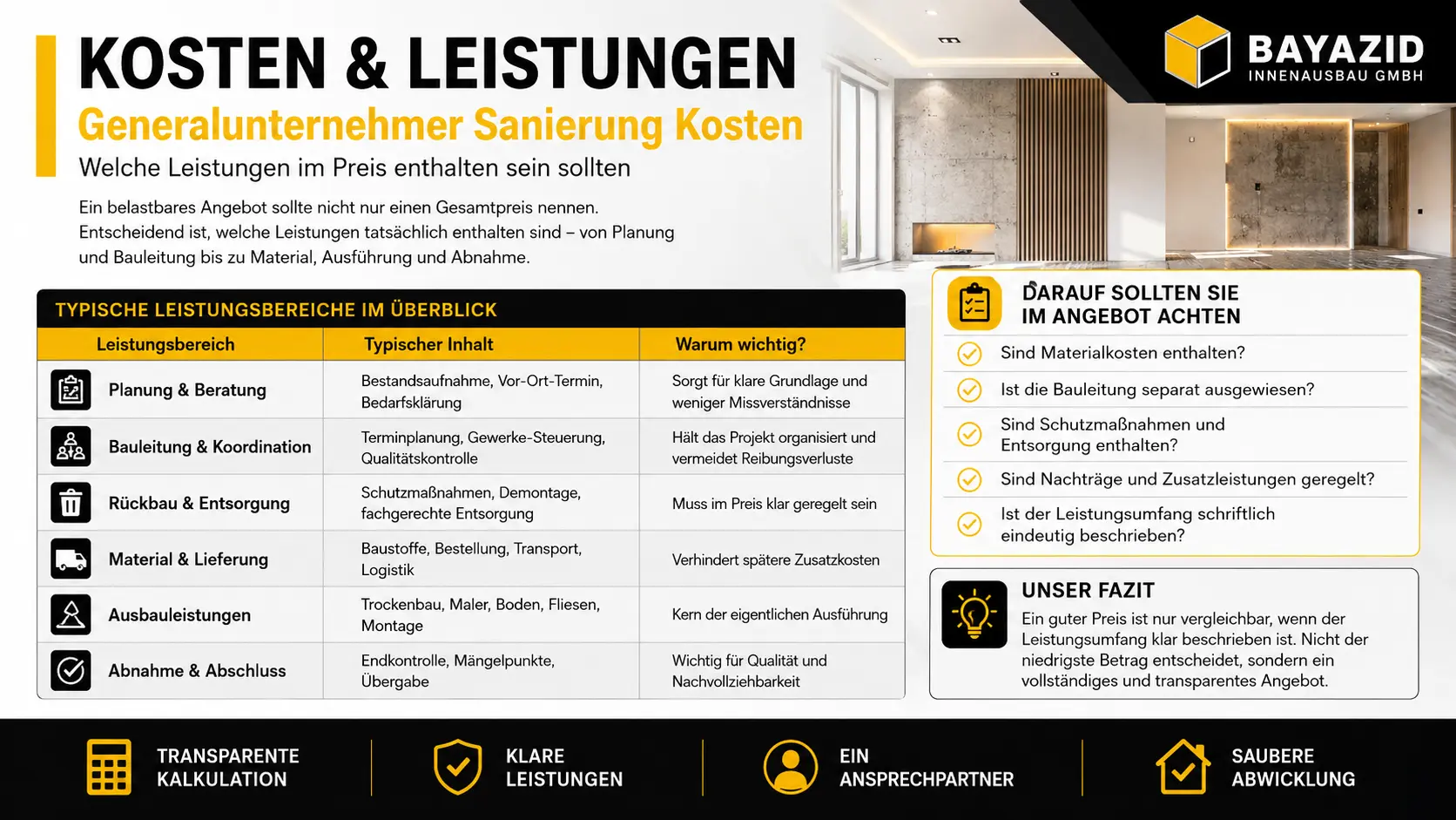 Generalunternehmer Sanierung Kosten: Welche Leistungen im Preis enthalten sein sollten
