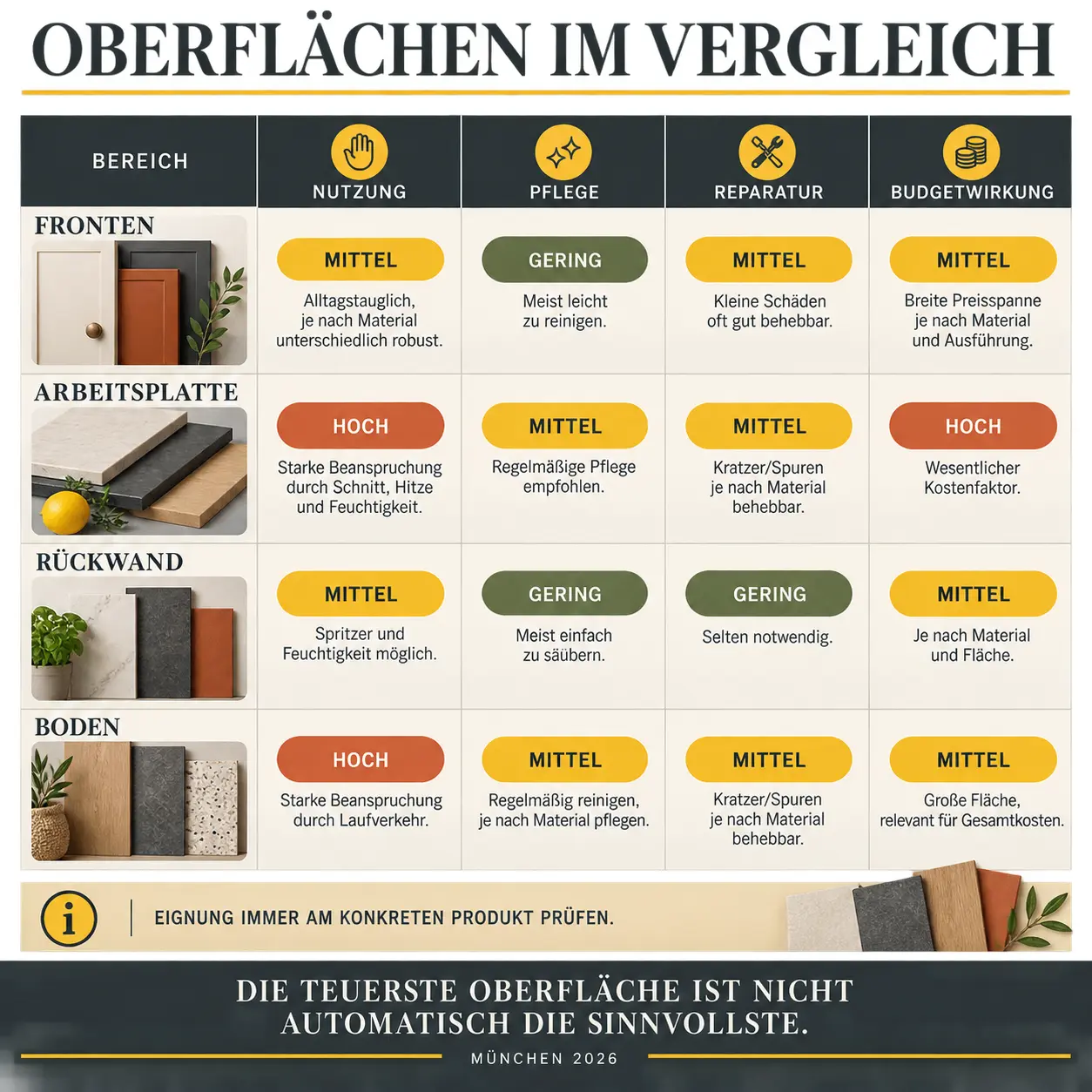 Küchenrenovierung Materialien: Welche Oberflächen bei Nutzung, Pflege und Budget sinnvoll sind