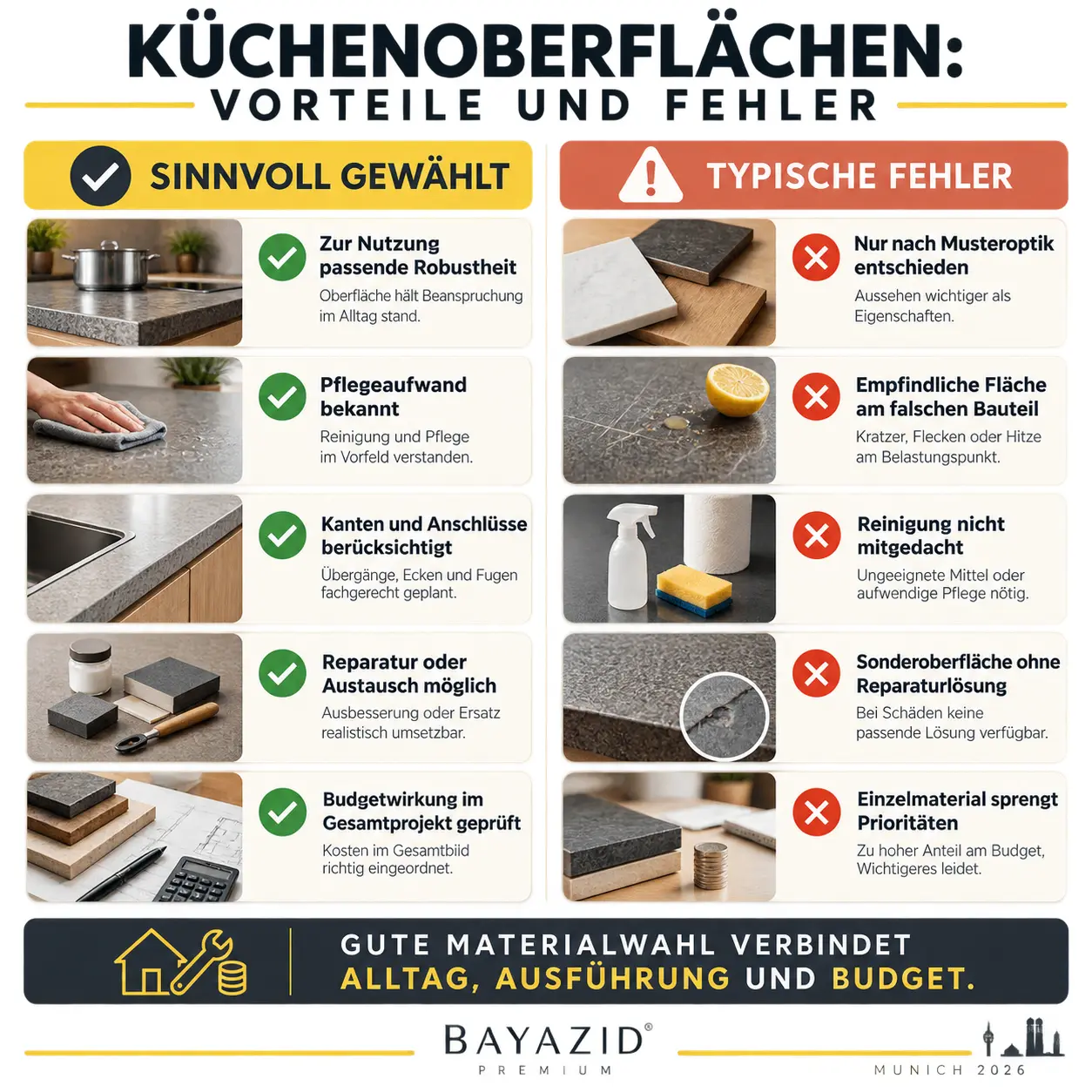 Küchenrenovierung Materialien: Welche Oberflächen bei Nutzung, Pflege und Budget sinnvoll sind