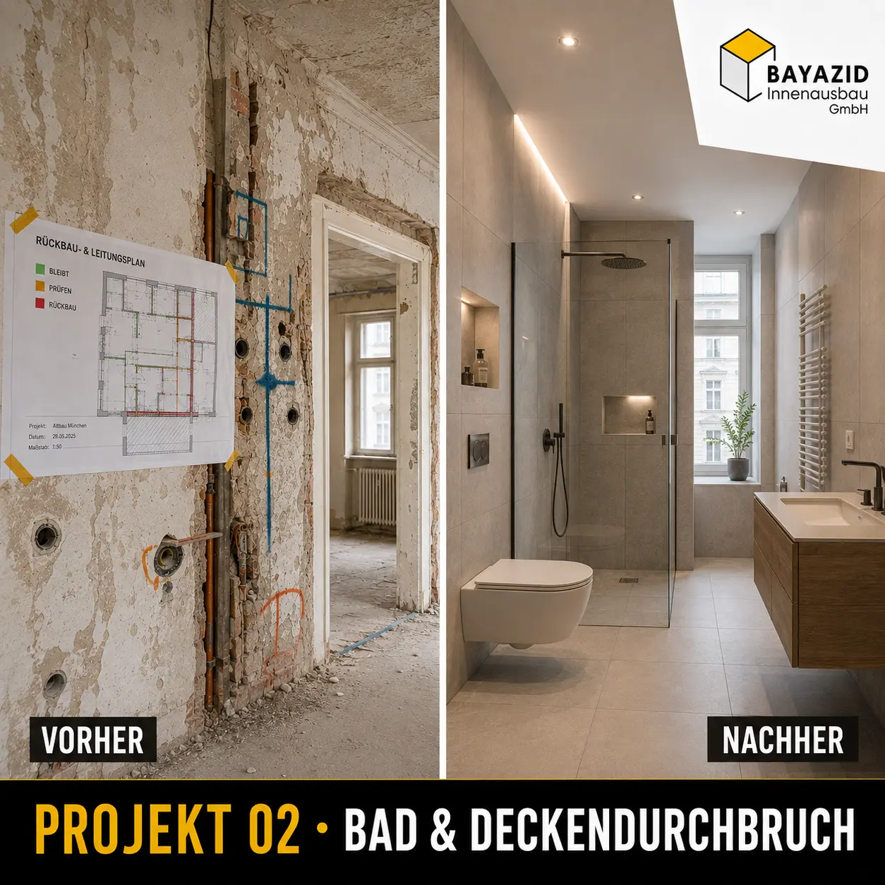 Vorher-Nachher-Projekt einer Badmodernisierung mit geprüften Leitungswegen