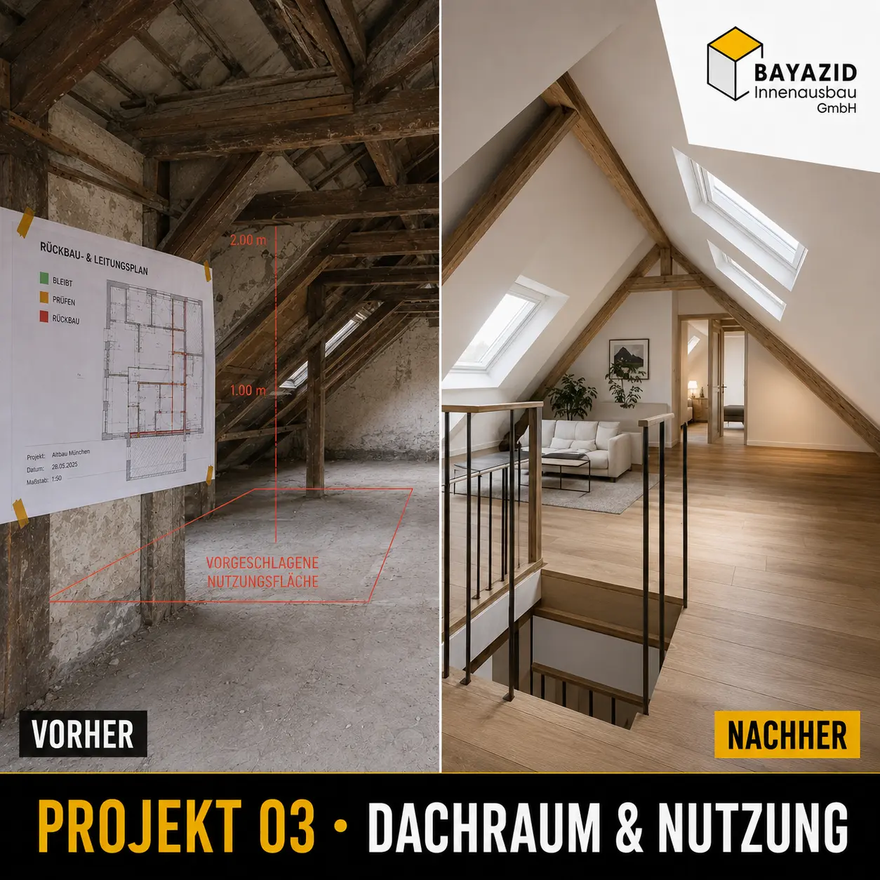 Vorher-Nachher-Projekt eines geplanten Dachgeschossausbaus