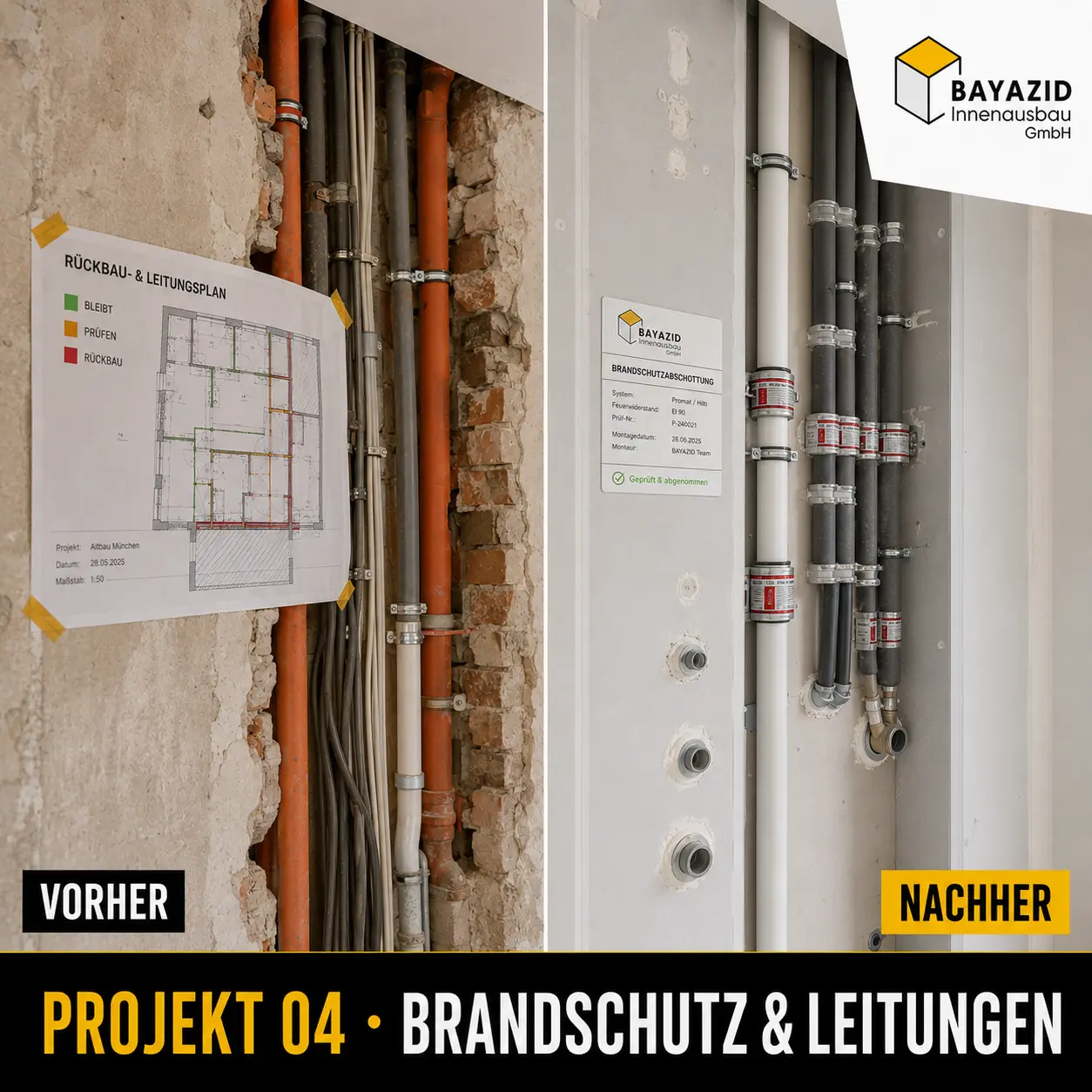 Vorher-Nachher-Projekt mit Leitungsführung und Brandschutzabschottung