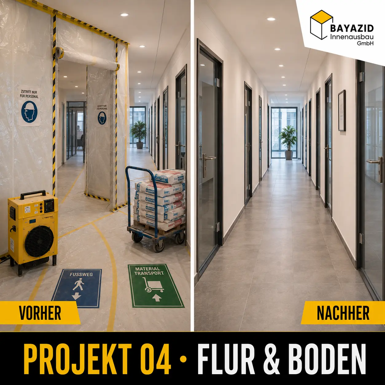 Flur und Boden vor und nach einer Sanierung in Bauabschnitten