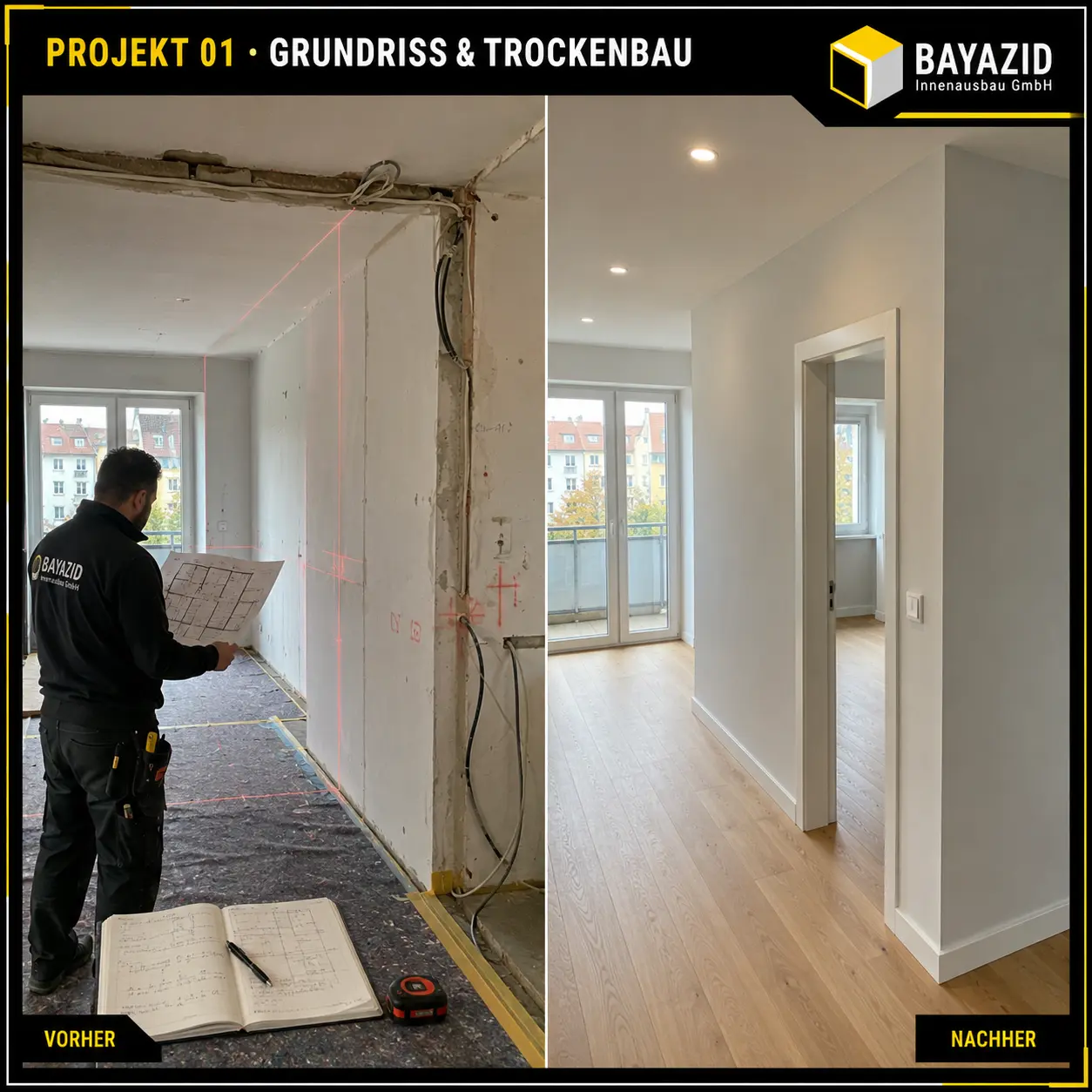 Grundrissprüfung und Trockenbau vor und nach der Ausführung