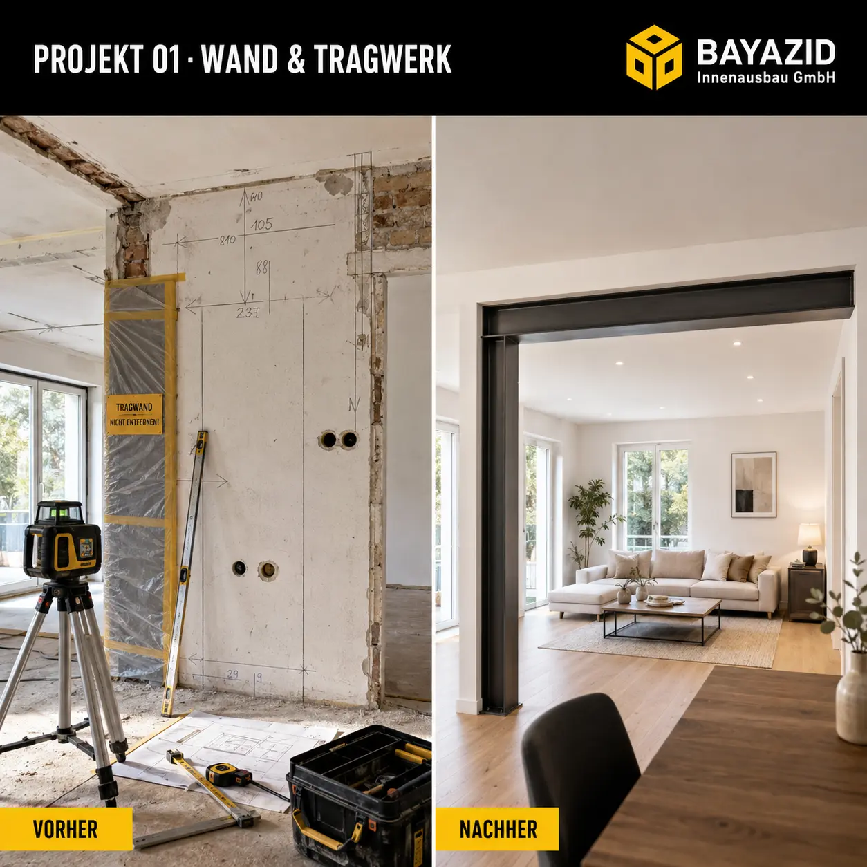 Vorher und nachher: Wandöffnung und Tragwerk