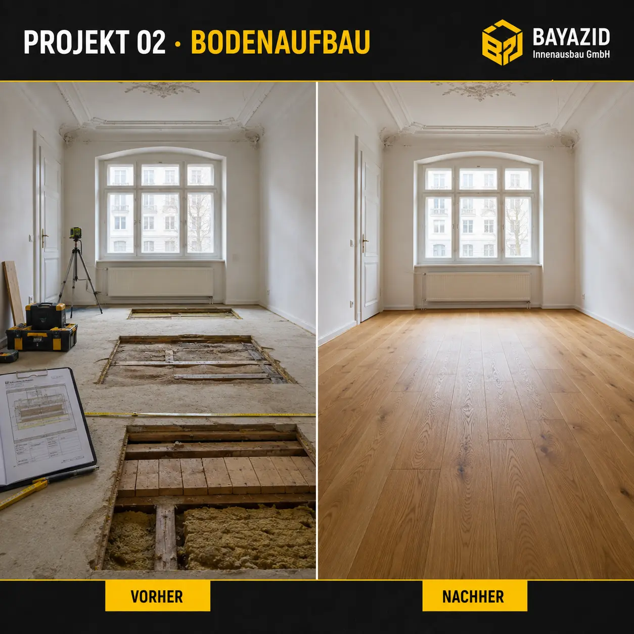 Vorher und nachher: erneuerter Bodenaufbau