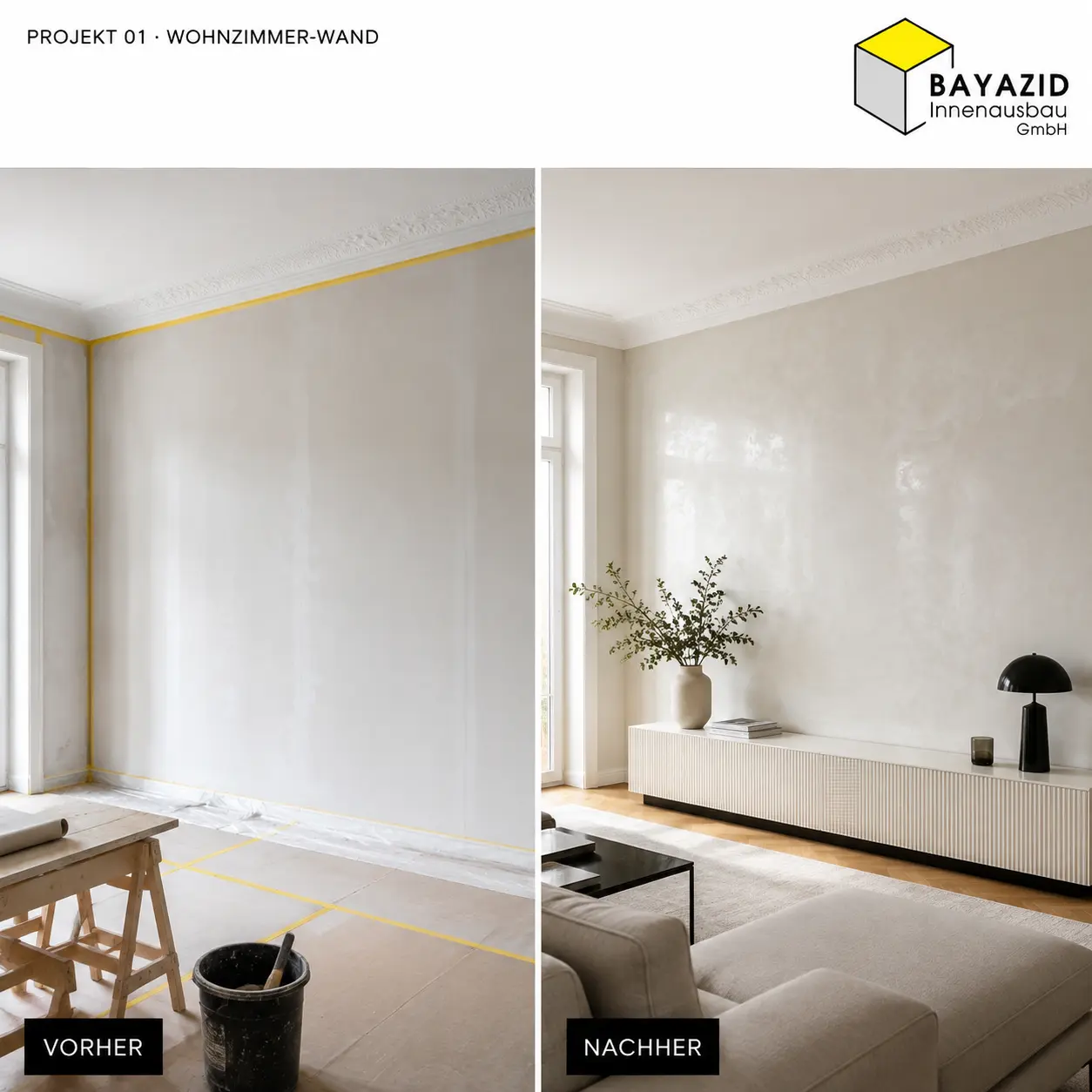 Vorher und nachher: Stucco-Veneziano-Wand im Wohnzimmer