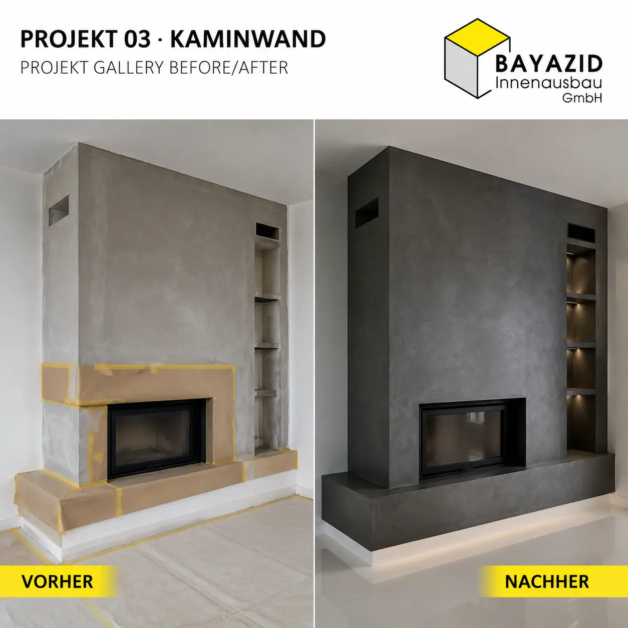 Vorher und nachher: polierte Stucco-Veneziano-Kaminwand