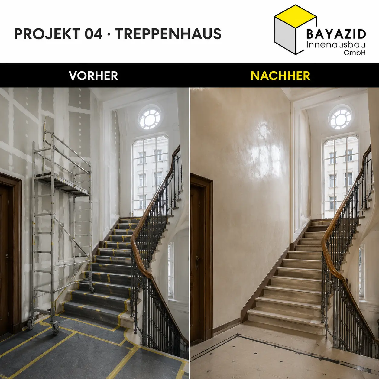 Vorher und nachher: Stucco Veneziano im Treppenhaus