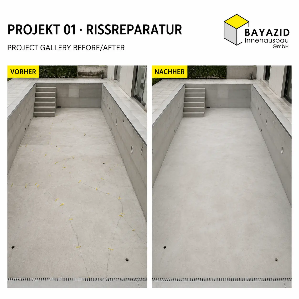 Vorher-Nachher: Rissreparatur an einem Poolbecken