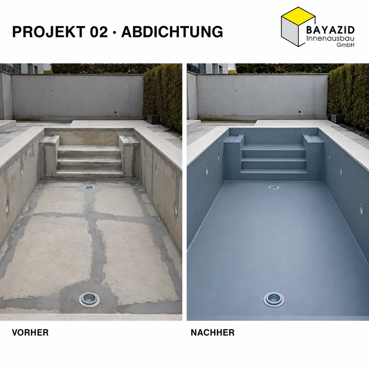 Vorher-Nachher: neue Abdichtung eines Pools