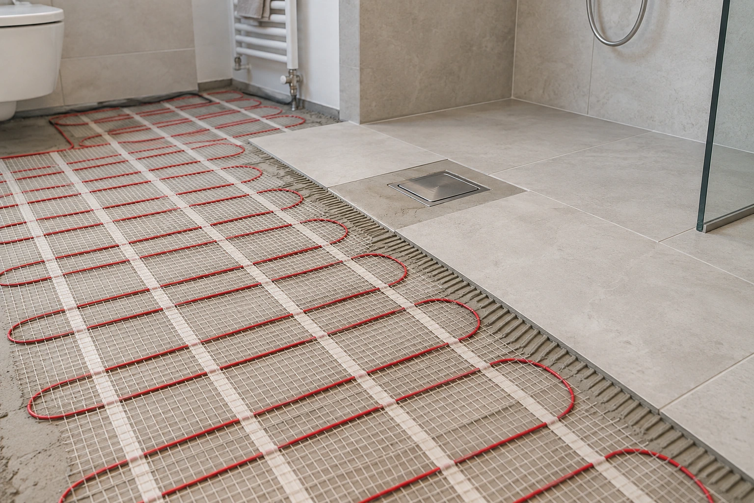 Visualisierung einer elektrischen Fußbodenheizung unter Badezimmerfliesen