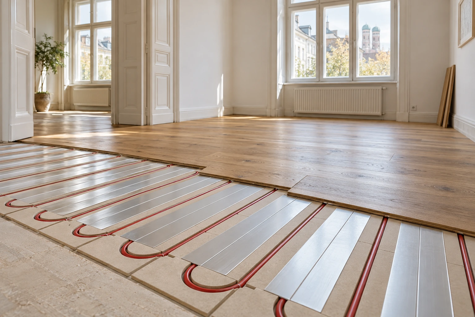 Visualisierung eines Trockensystems für Fußbodenheizung im Altbau