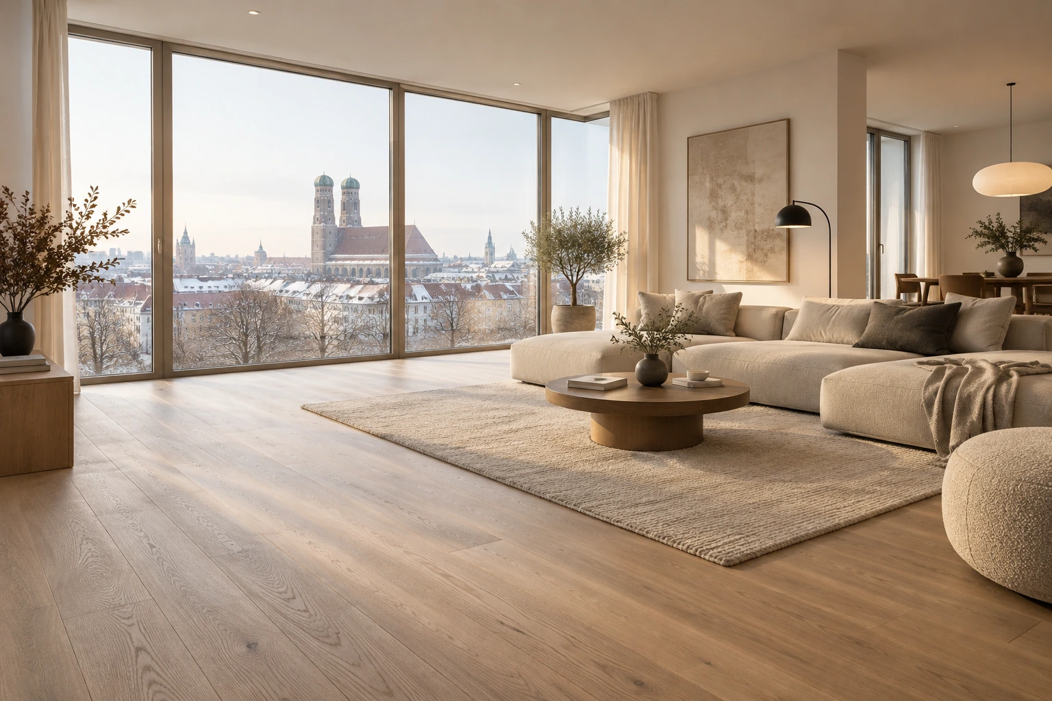 Visualisierung eines Wohnraums mit unsichtbarer Fußbodenheizung