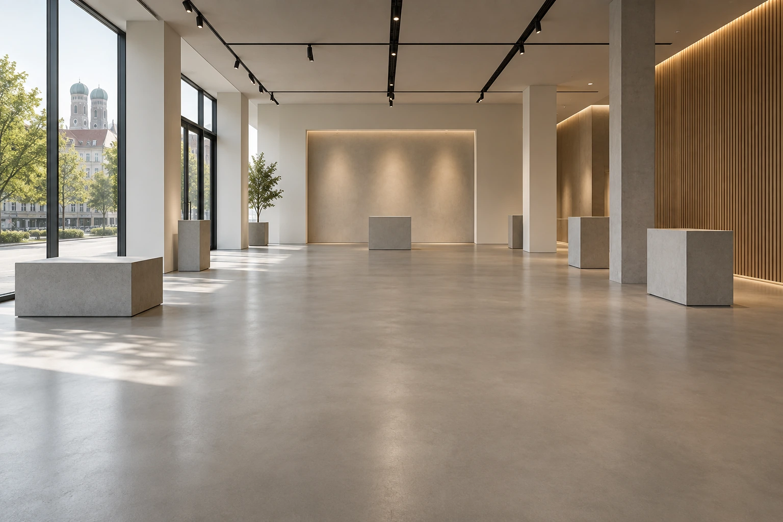 Visualisierung eines Showrooms mit strapazierfähigem Gussboden