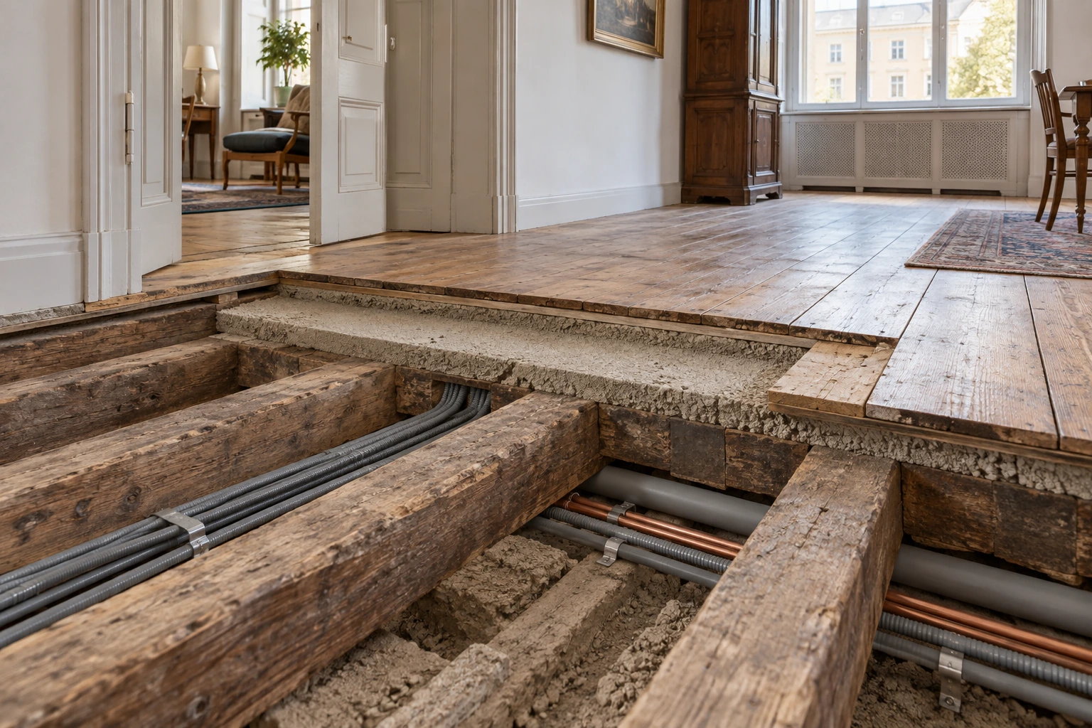 Visualisierung eines geöffneten Bodenaufbaus mit neuer Installation im Altbau