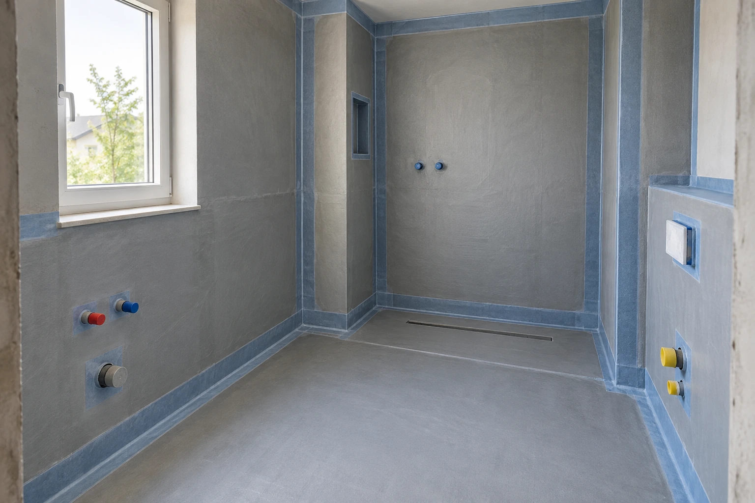 Visualisierung: Vorbereitetes Badezimmer mit abgedichteten Flächen und verschlossenen Sanitäranschlüssen