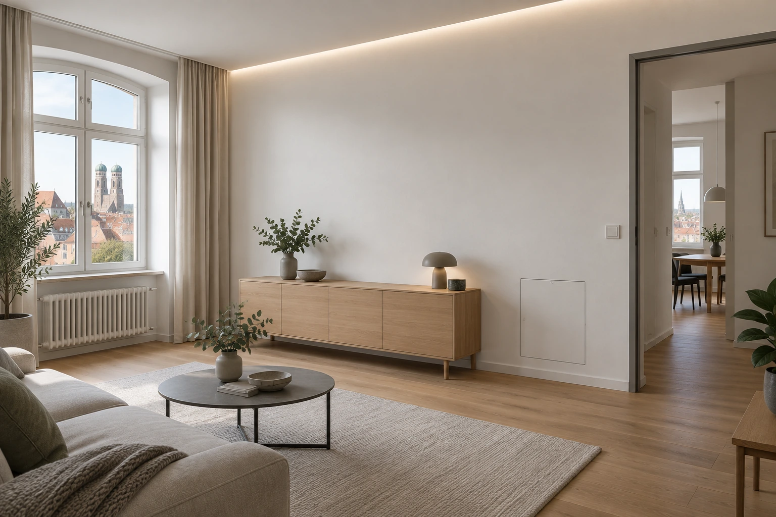 Visualisierung eines fertig ausgebauten Wohnraums mit glatter Wand und Lichtlinie